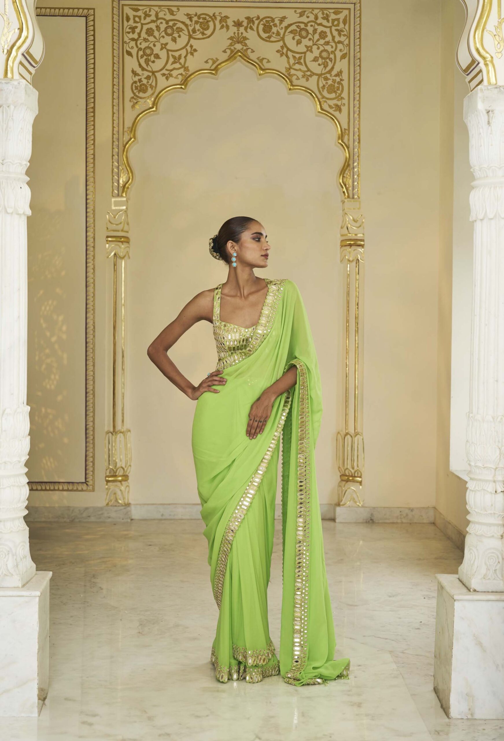 Lime green hand embroidered classic sari set - Image 3