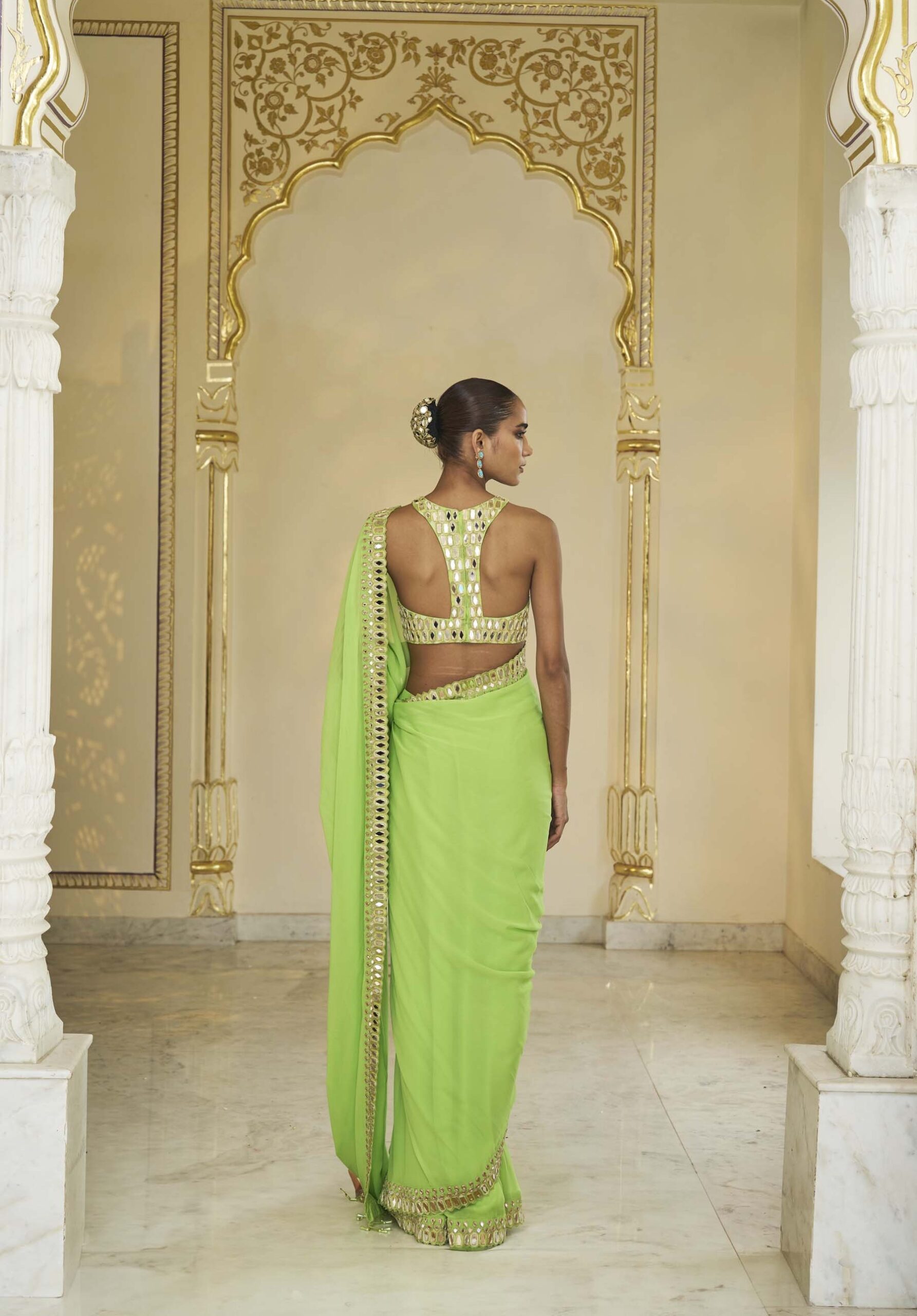 Lime green hand embroidered classic sari set - Image 4