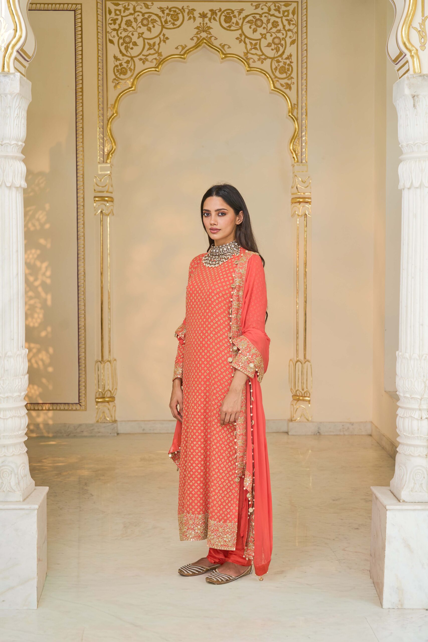 Warm coral hand embroidered star kurta set - Image 2