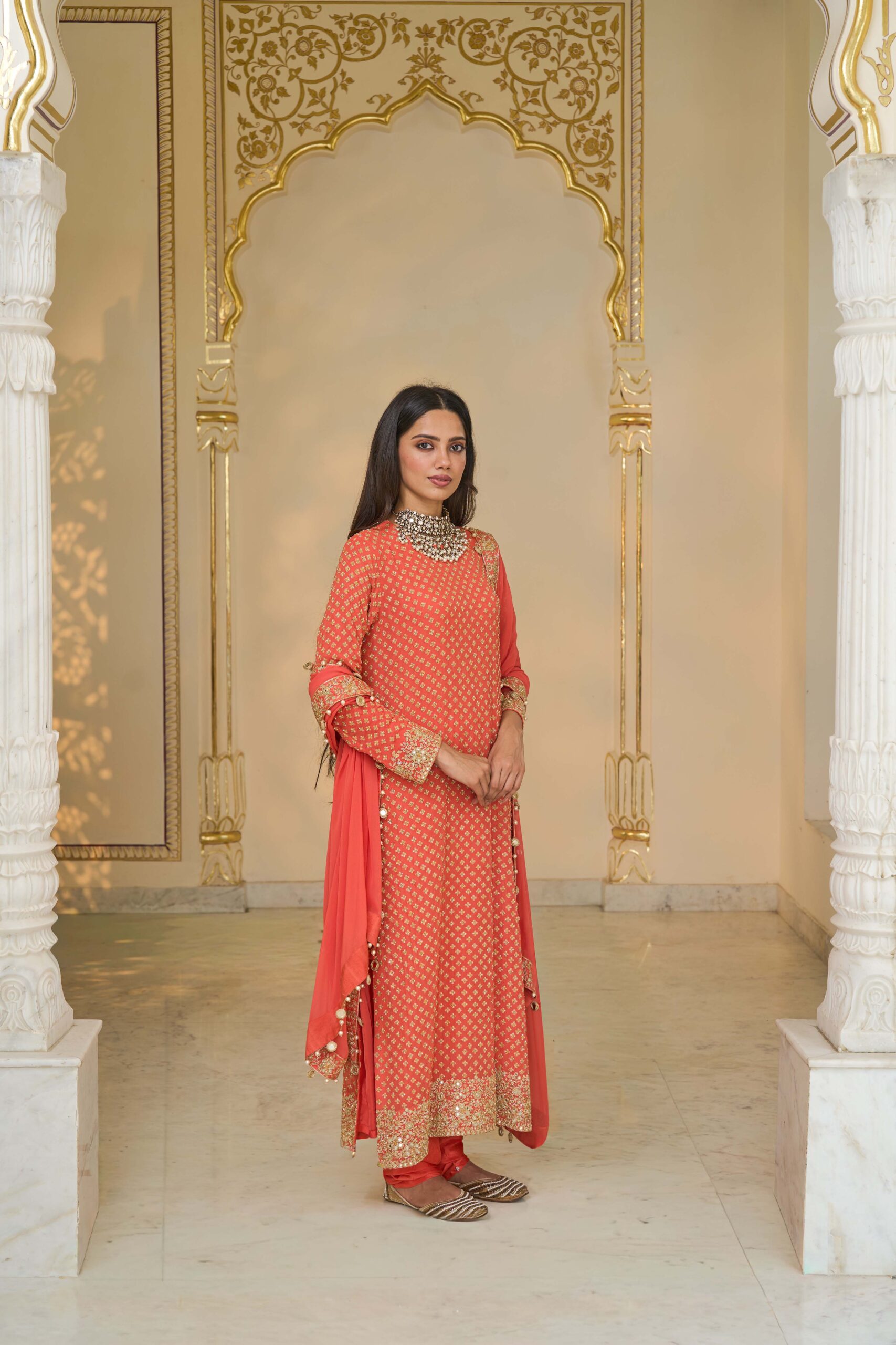 Warm coral hand embroidered star kurta set - Image 3
