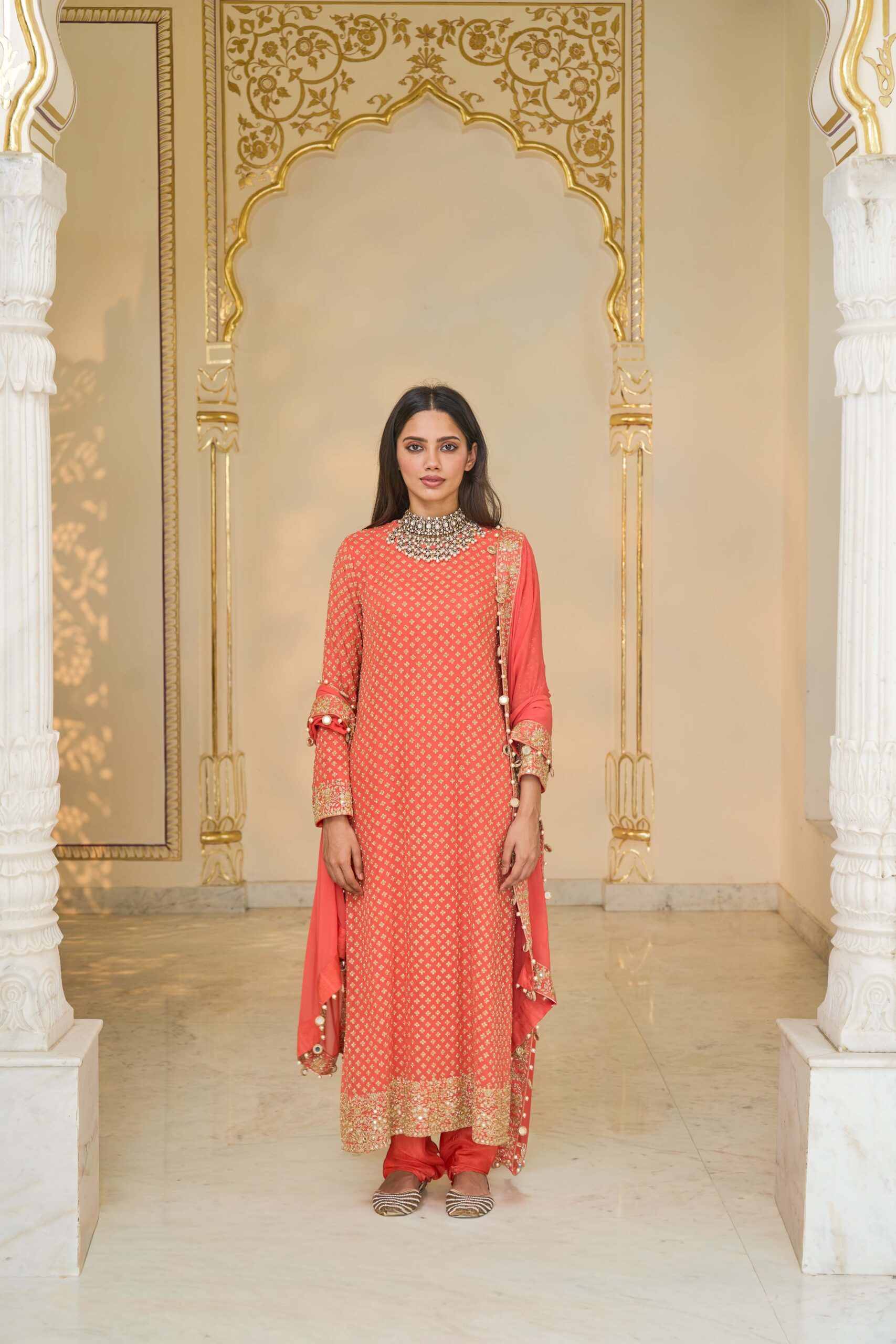 Warm coral hand embroidered star kurta set