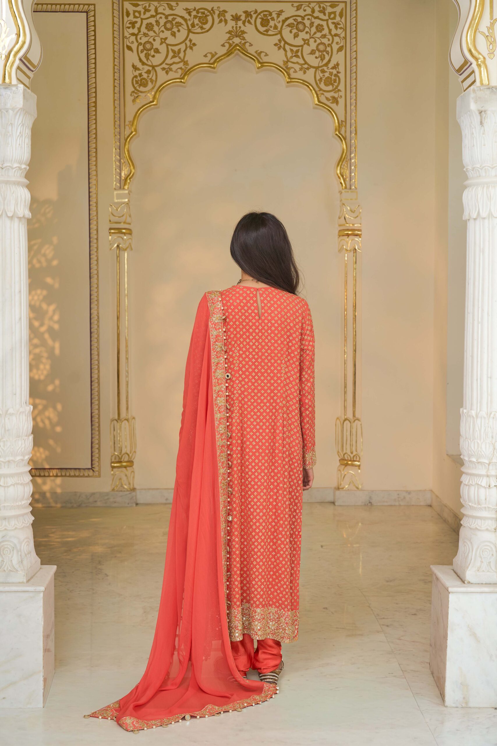 Warm coral hand embroidered star kurta set - Image 4