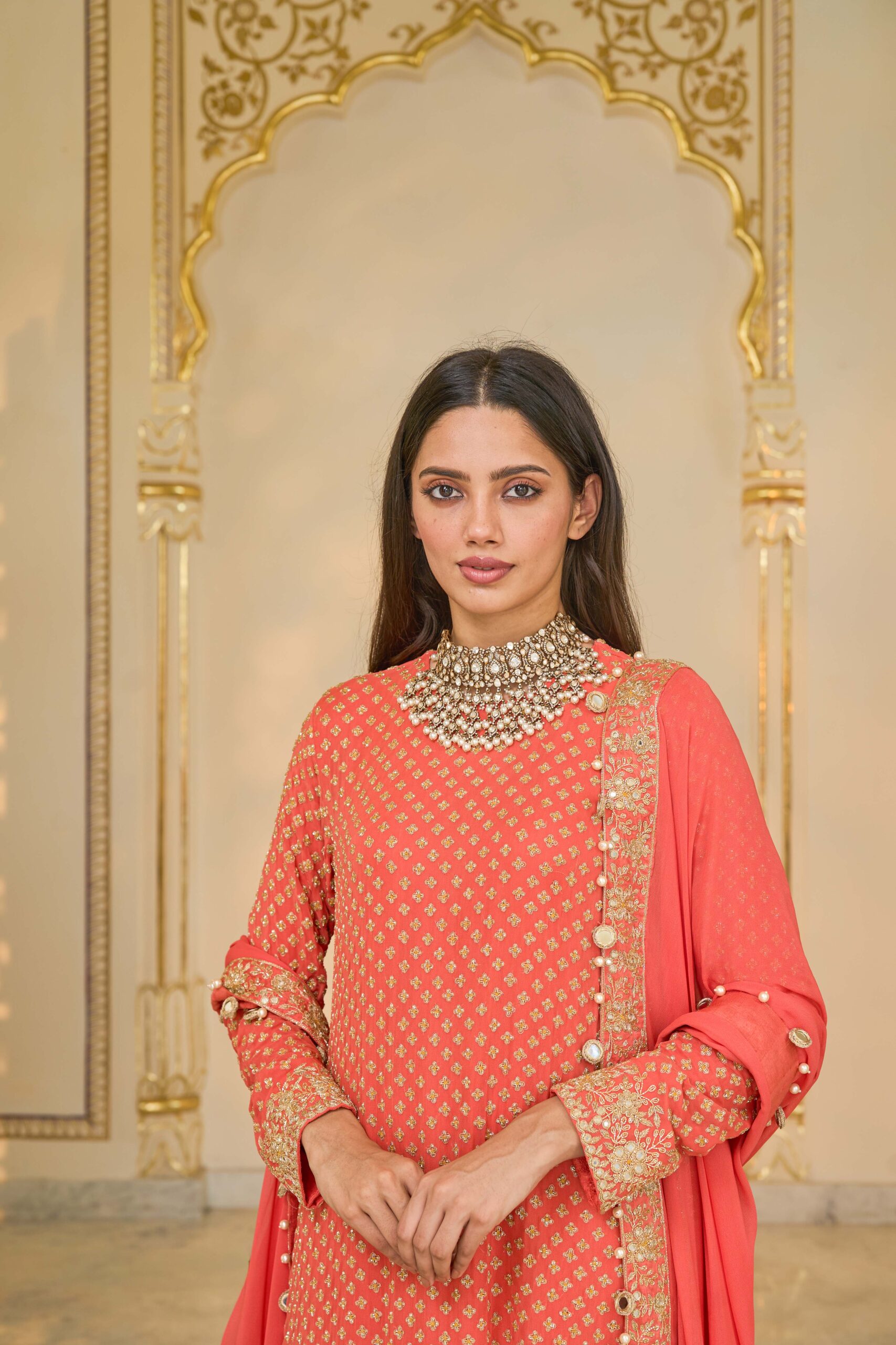 Warm coral hand embroidered star kurta set - Image 5