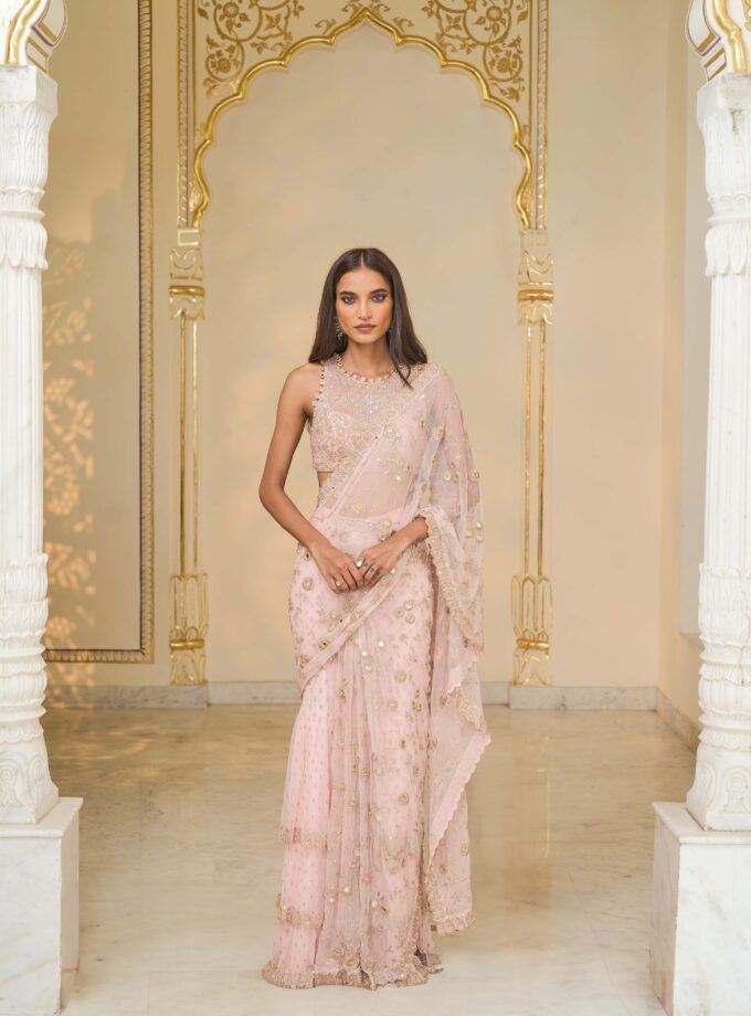 Baby pink hand embroidered sari set