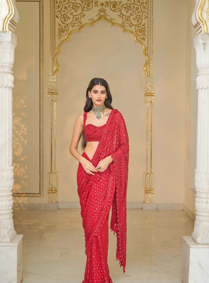 Red hand embroidered sari set