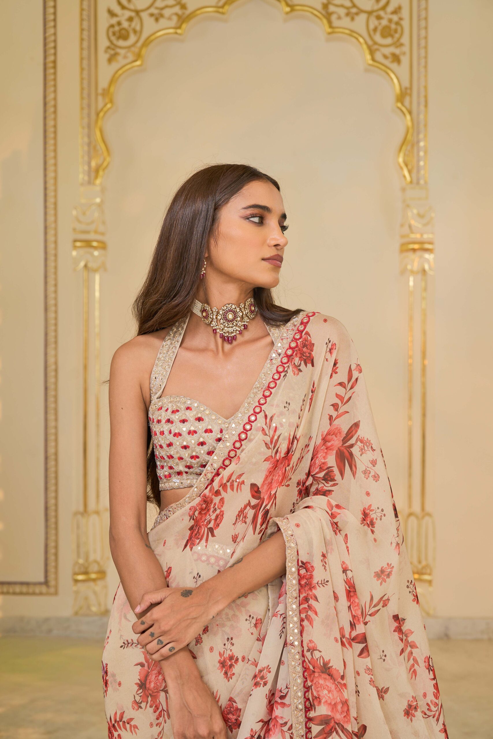 Red bloom print hand embroidered organza classic sari set - Image 5