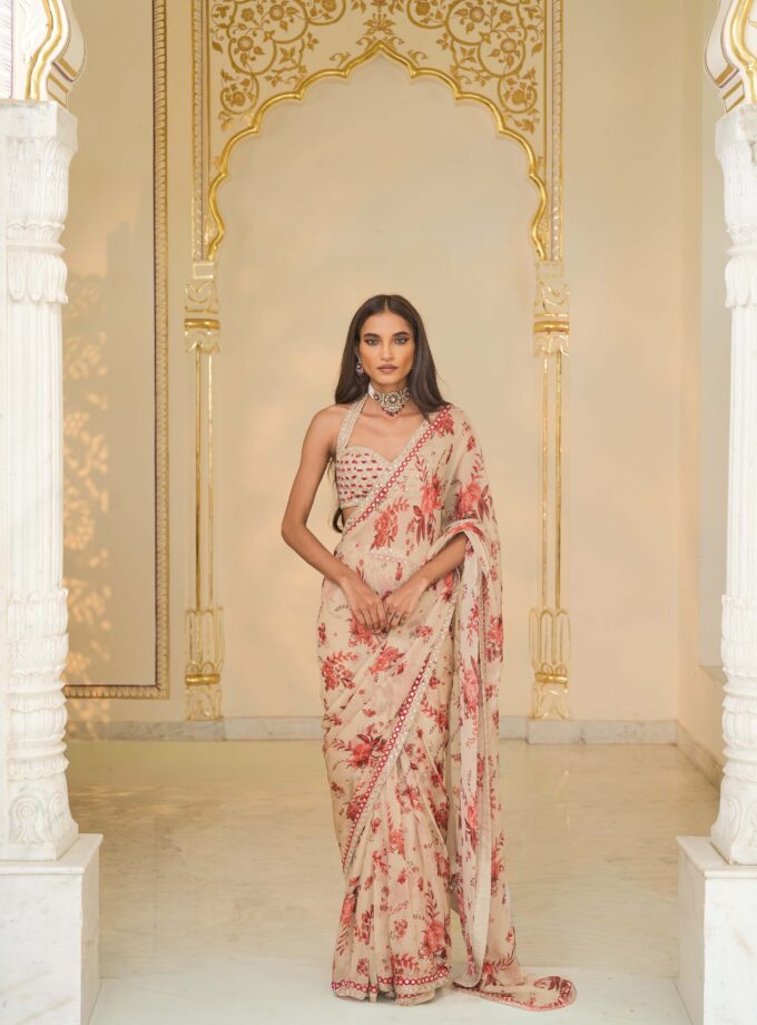 Red bloom print hand embroidered organza classic sari set