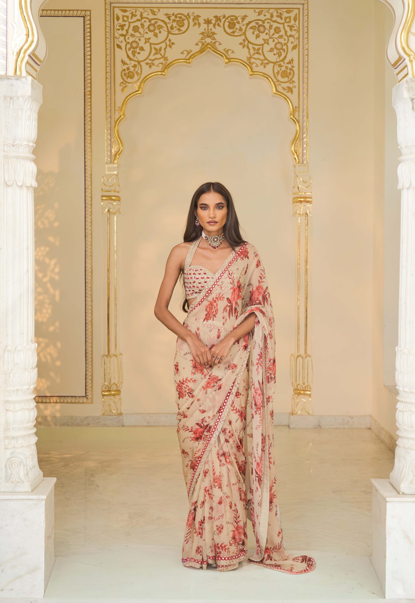 Red bloom print hand embroidered organza classic sari set