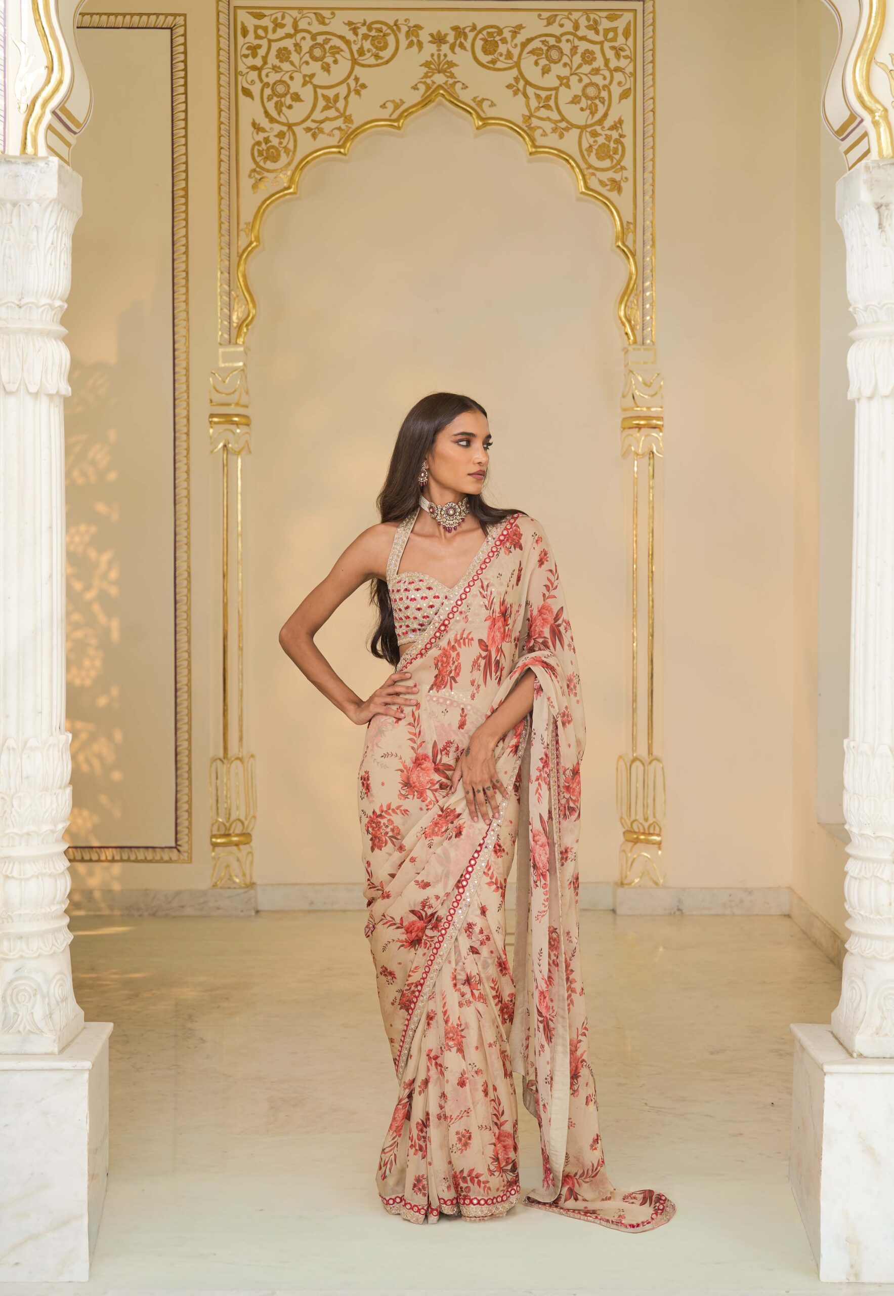 Red bloom print hand embroidered organza classic sari set - Image 3