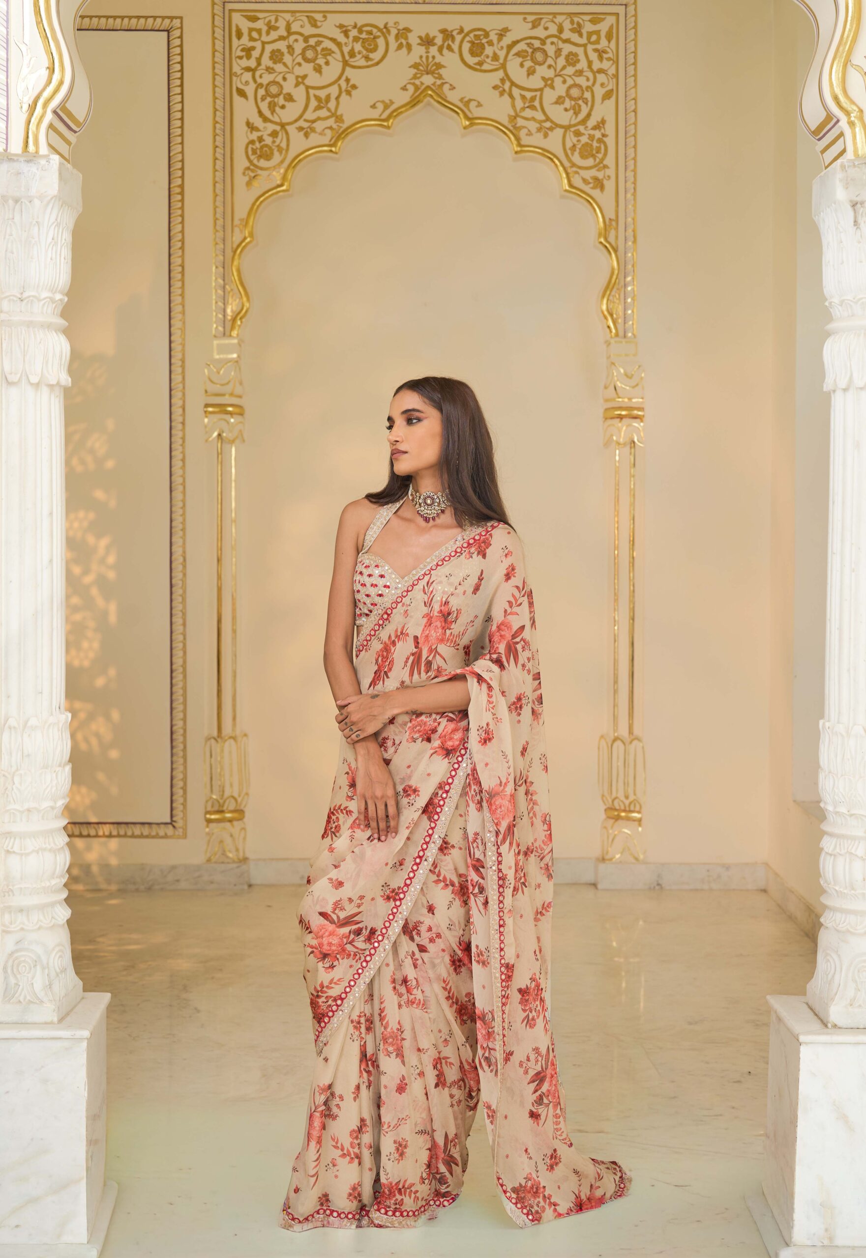 Red bloom print hand embroidered organza classic sari set - Image 2