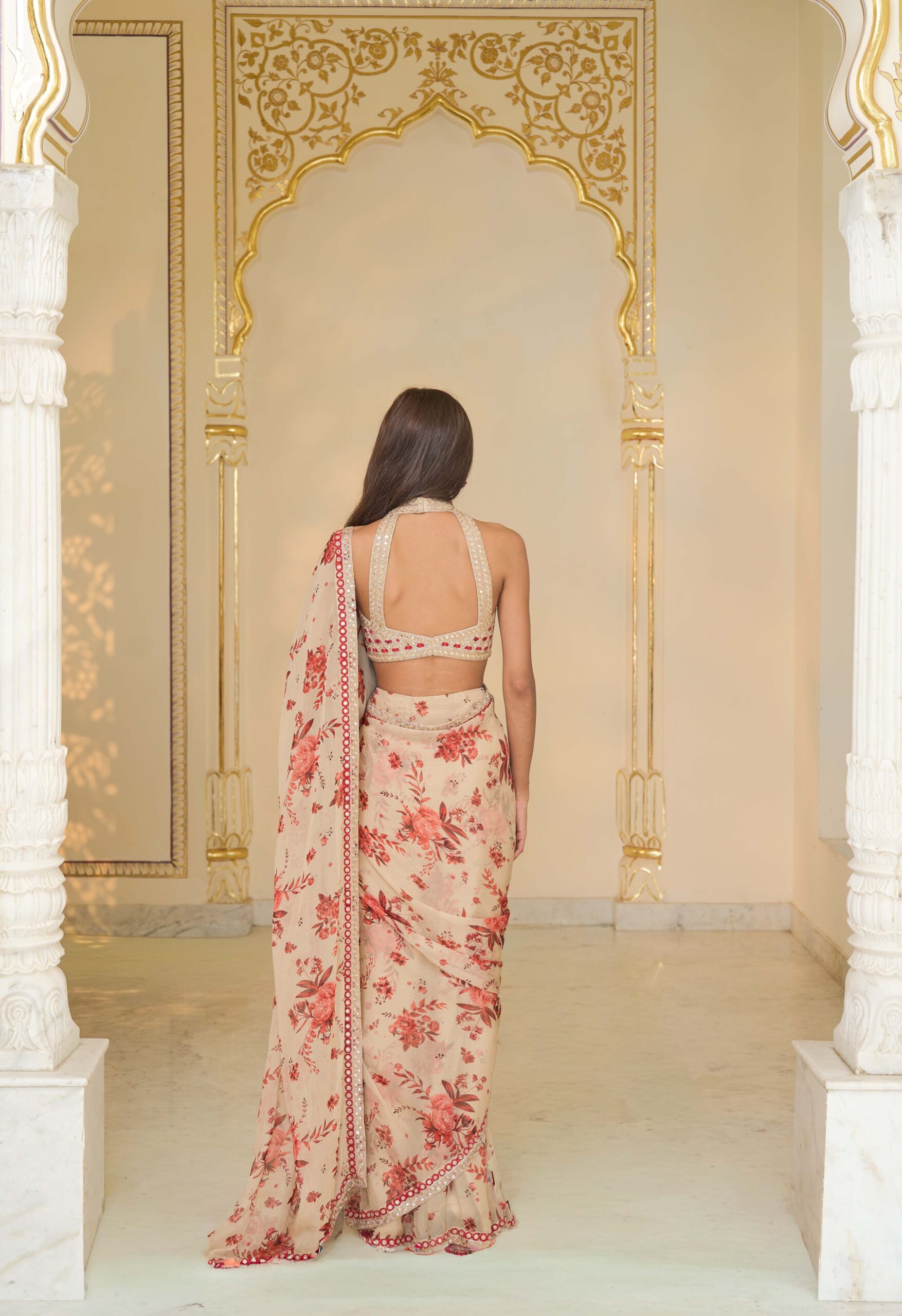 Red bloom print hand embroidered organza classic sari set - Image 4