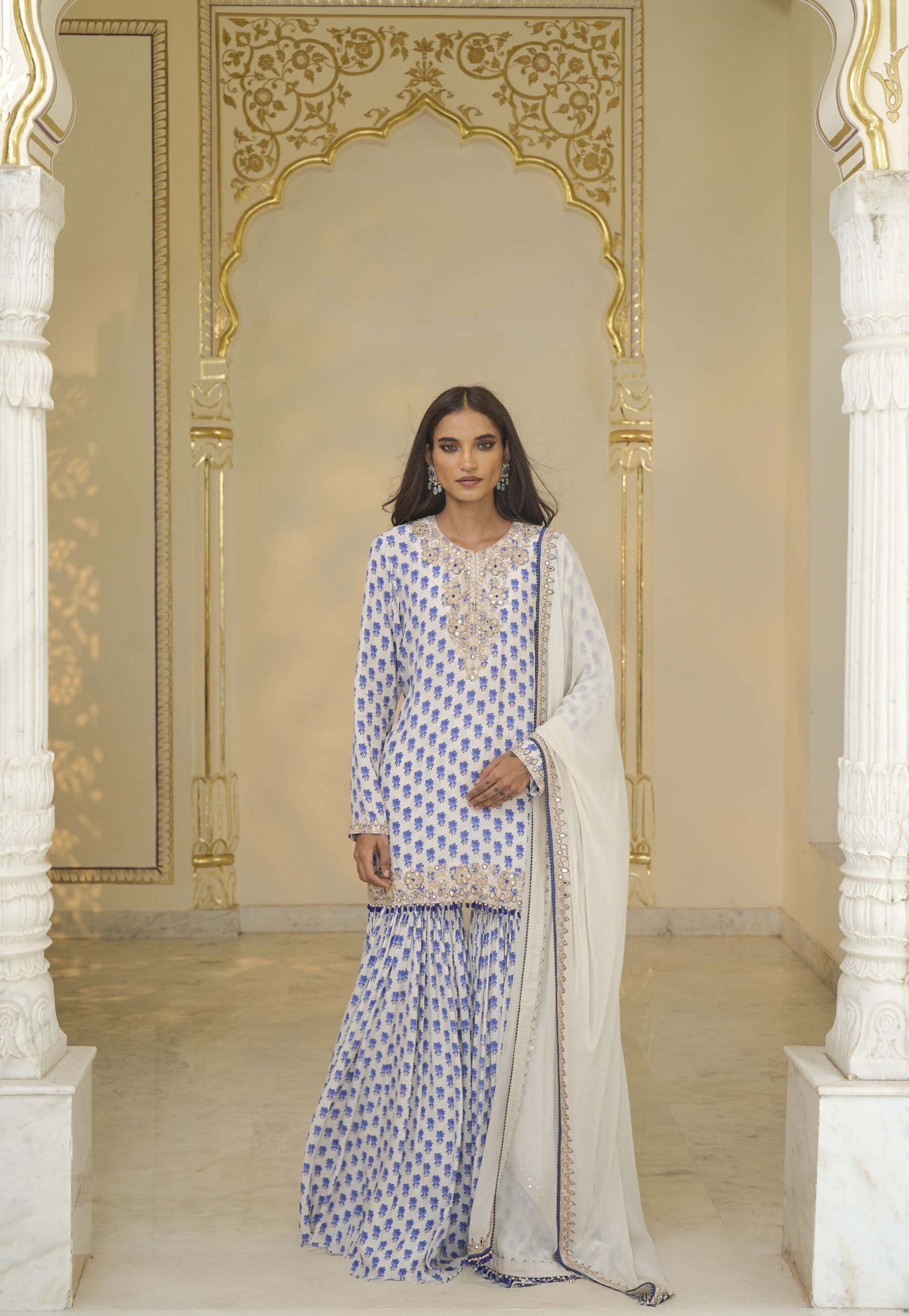 Blue bloom print short kurta & gharara set