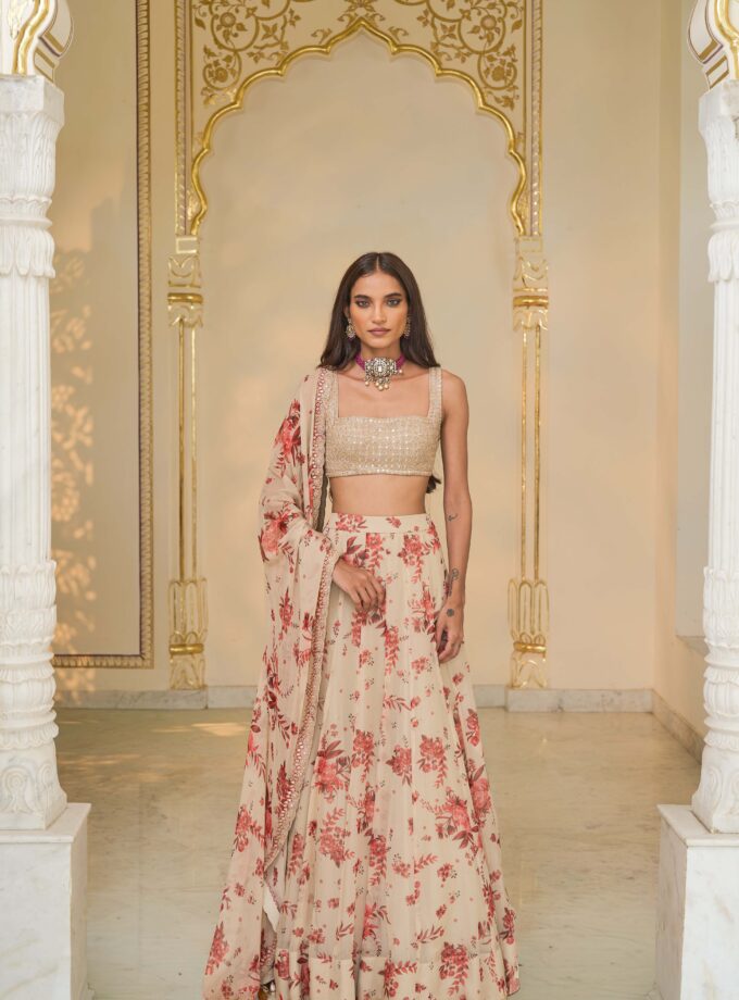 Red bloom print organza lehenga set