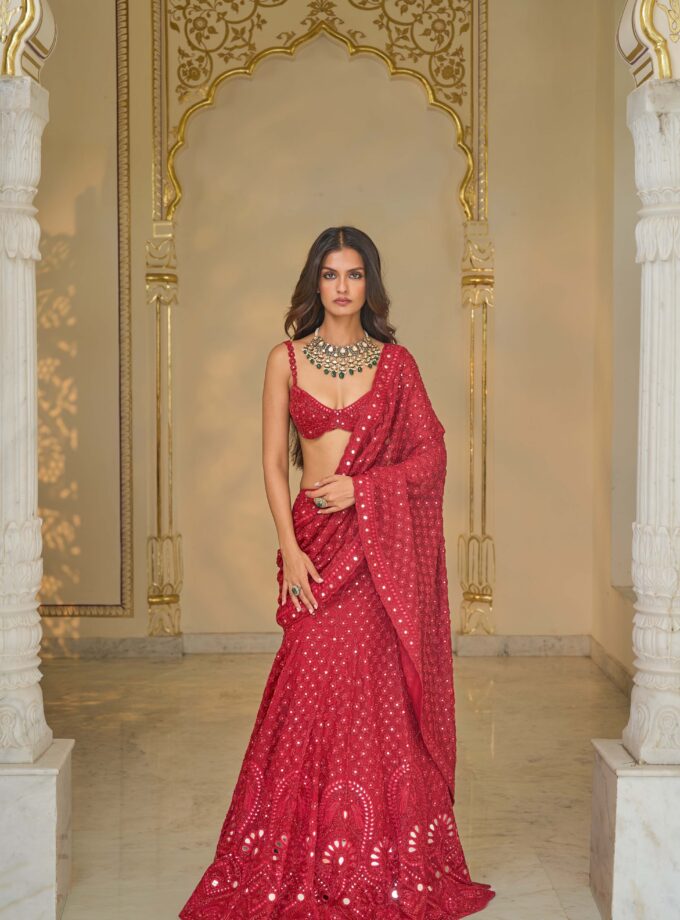 Red hand embroidered sari set