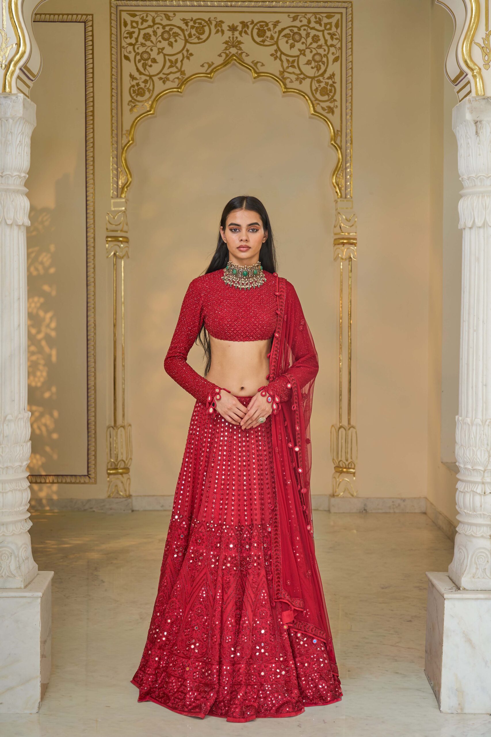 Red hand embroidered lehenga set