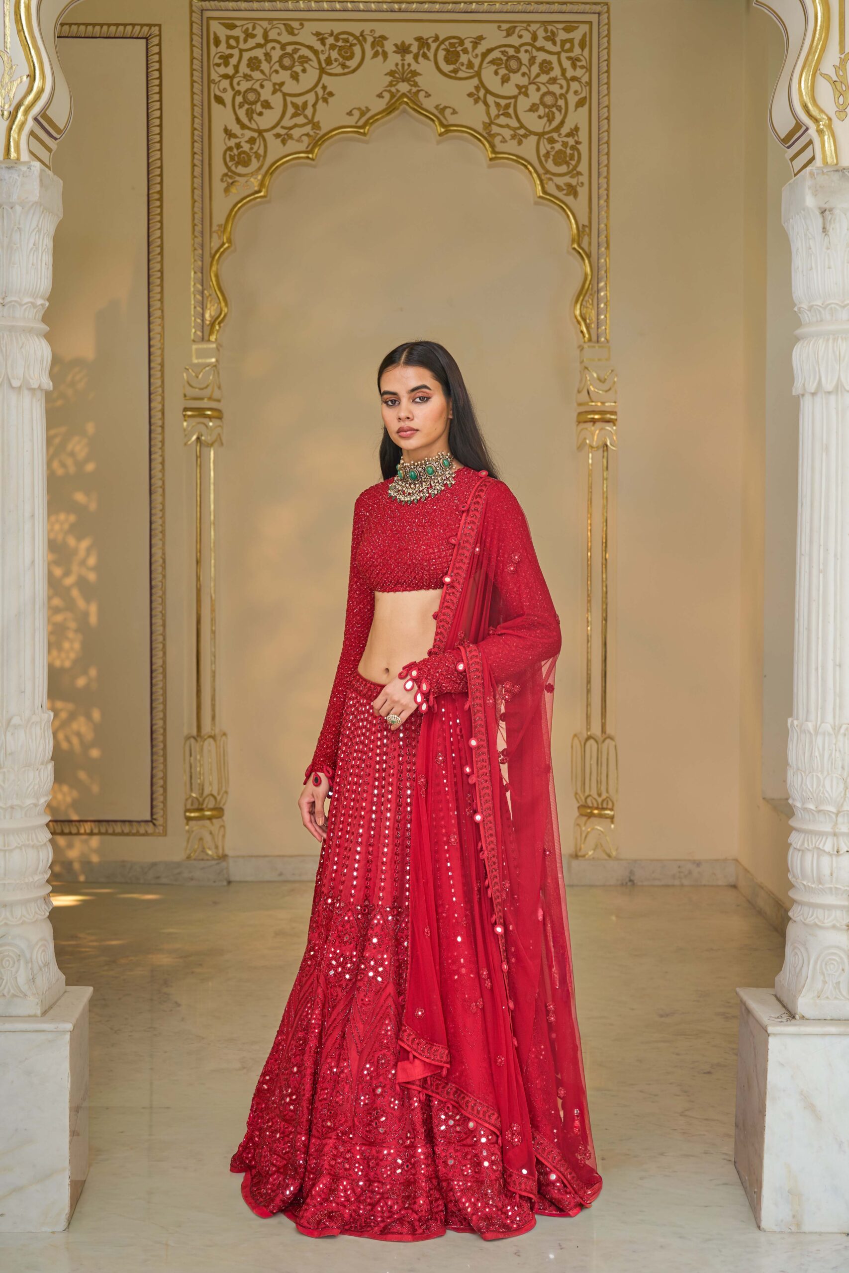 Red hand embroidered lehenga set - Image 2