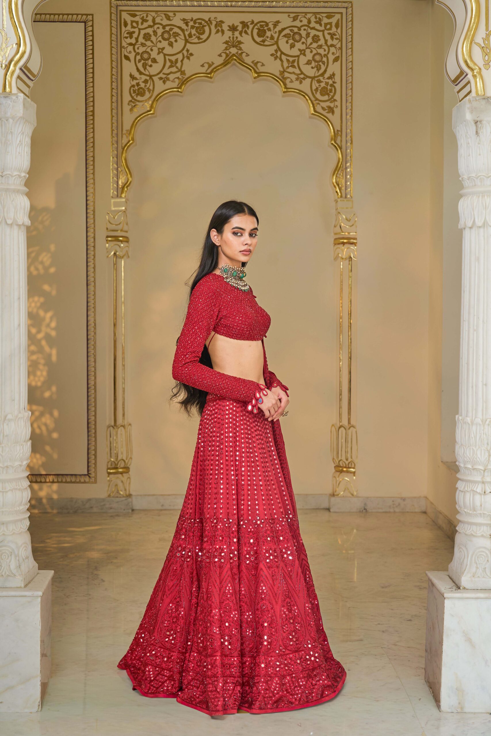 Red hand embroidered lehenga set - Image 3
