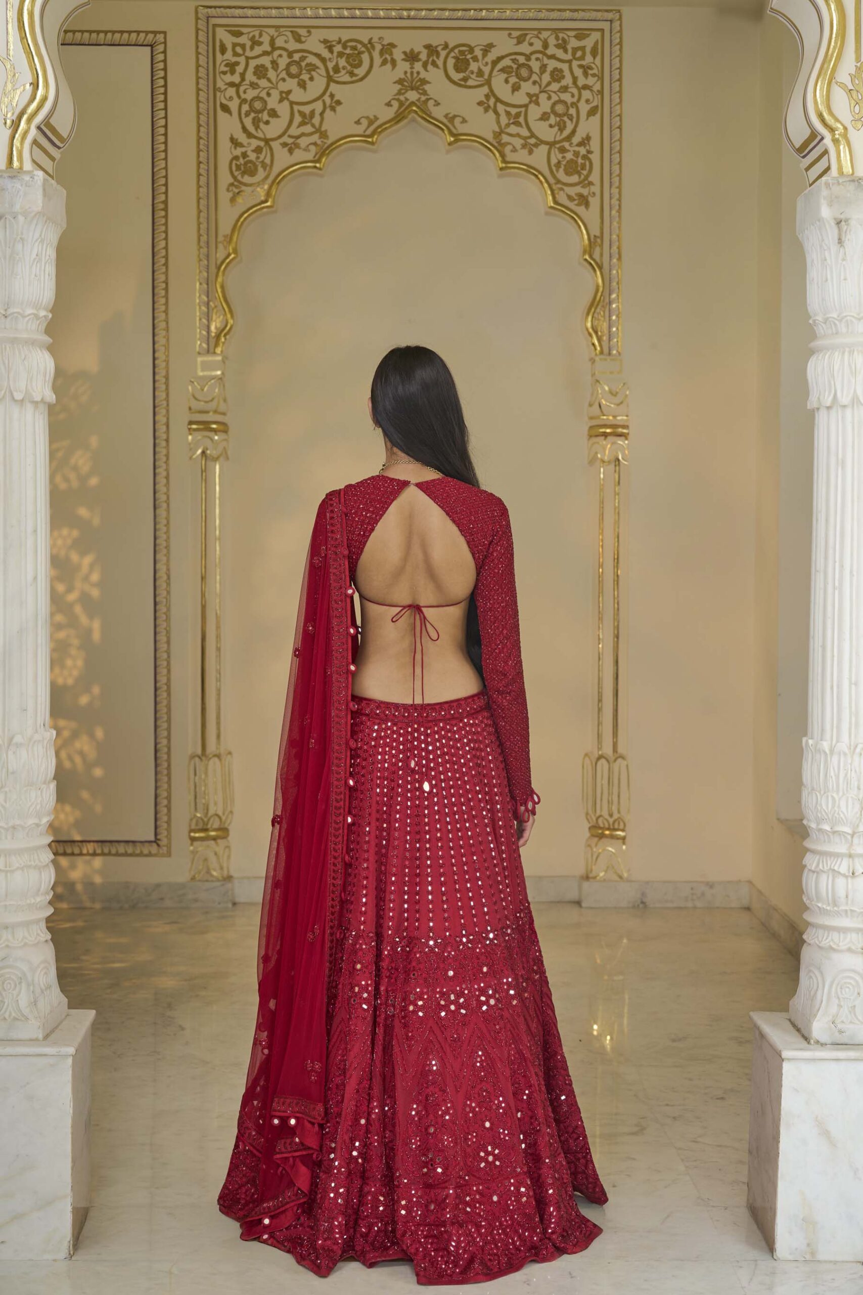 Red hand embroidered lehenga set - Image 4