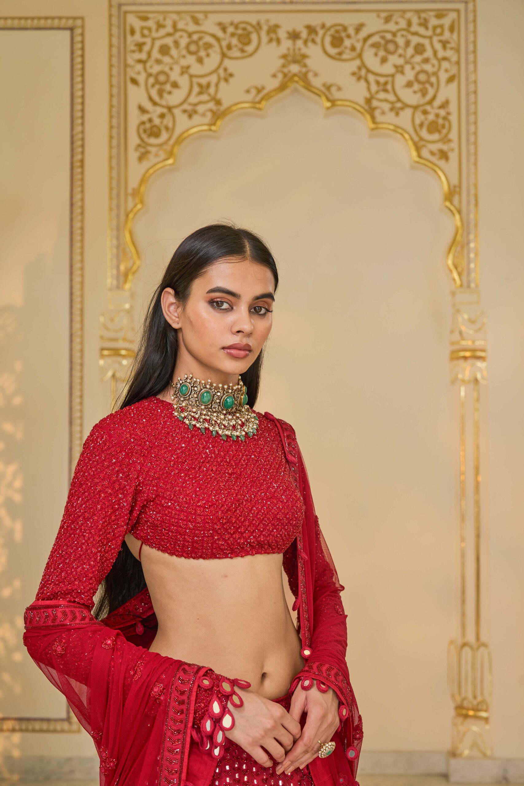 Red hand embroidered lehenga set - Image 5