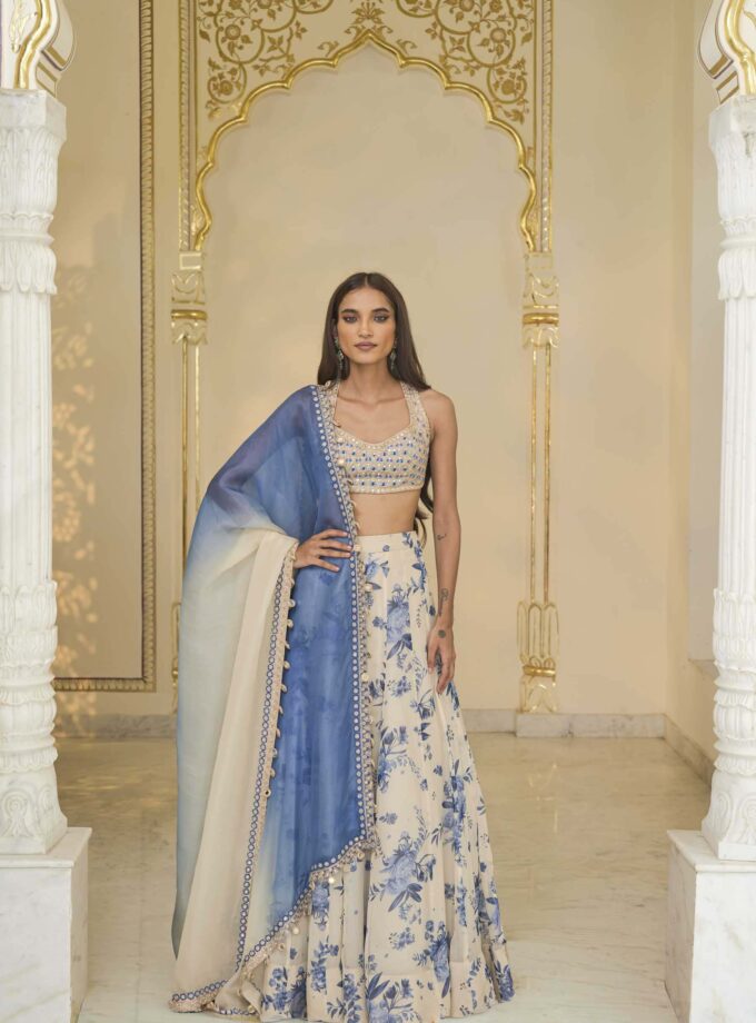 Blue bloom print organza lehenga set