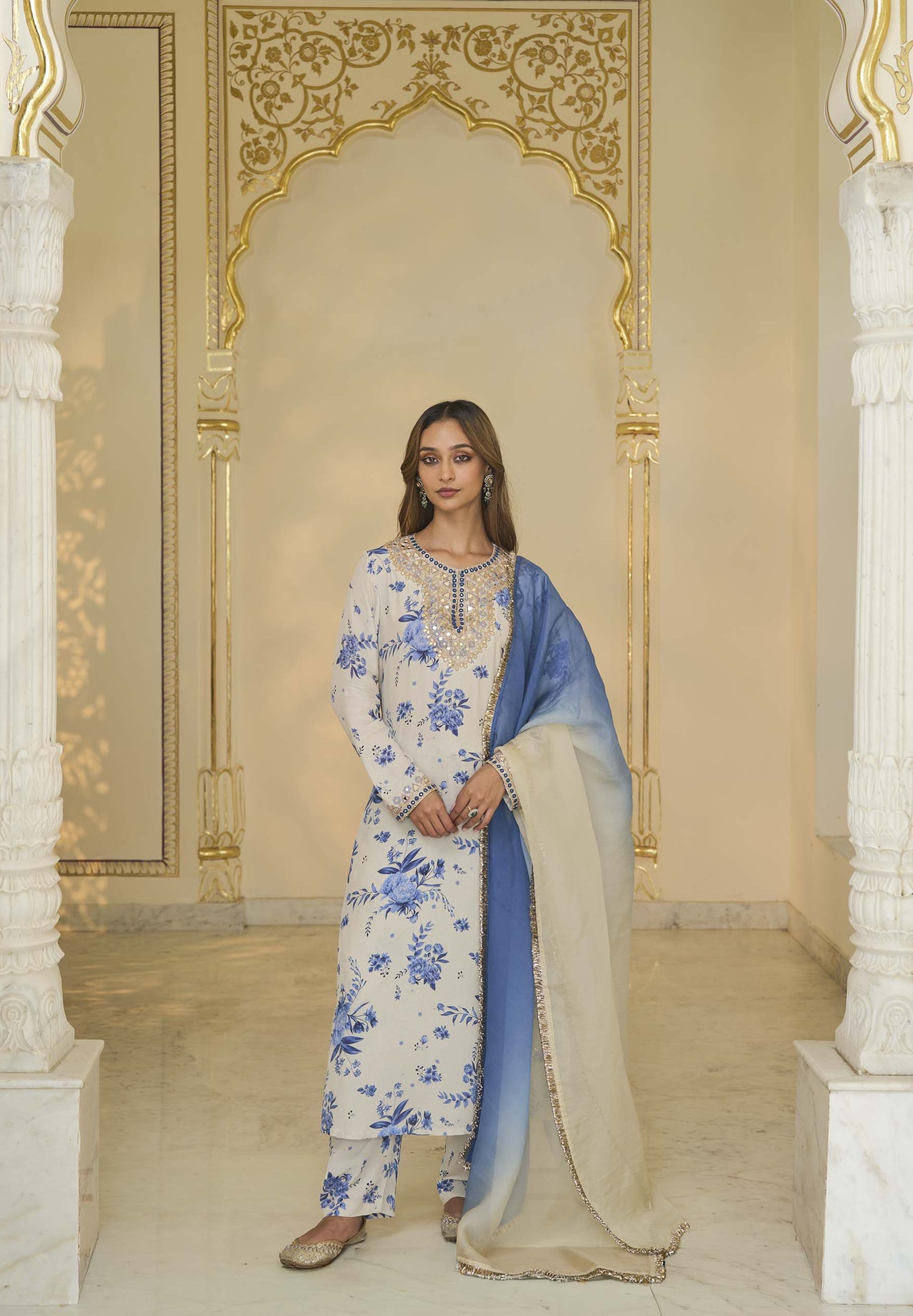Blue bloom print long kurta set