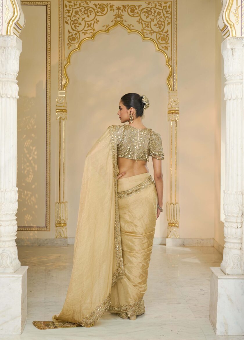 Gold tissue hand embroidered classic sari set - Image 4