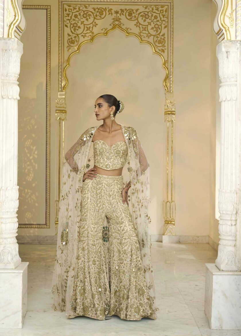Cream & beige gold hand embroidered corset, sharara & long cape set - Image 2