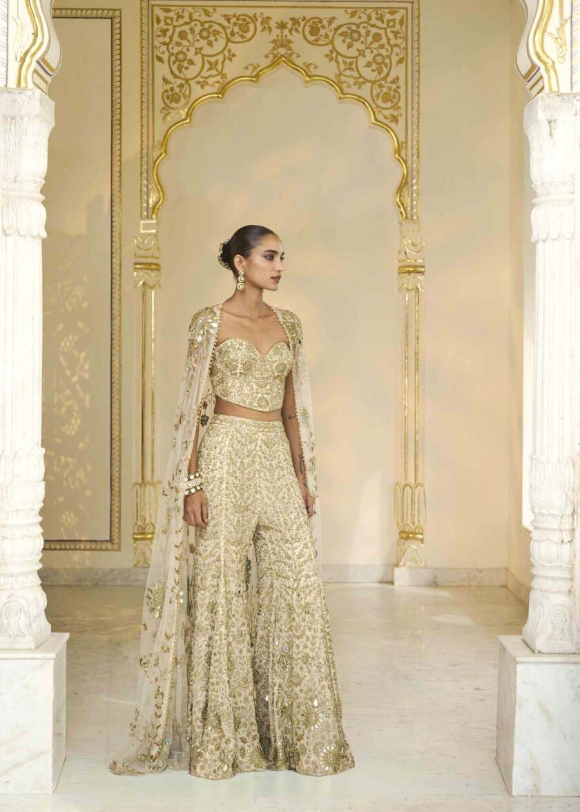 Cream & beige gold hand embroidered corset, sharara & long cape set - Image 3