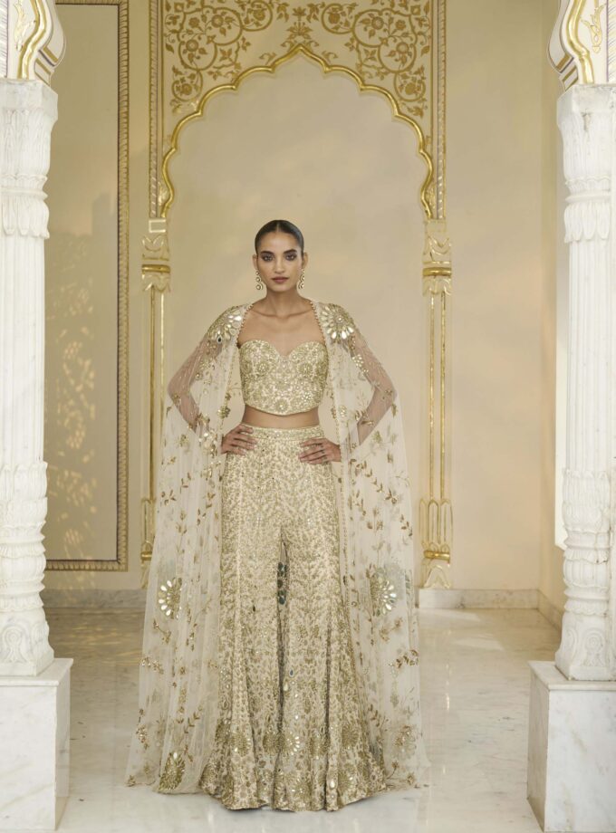 Cream & beige gold hand embroidered corset, sharara & long cape set