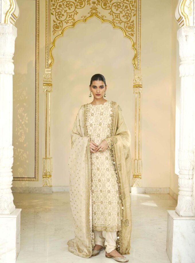 Cream & beige gold bandhani hand embroidered kurta set