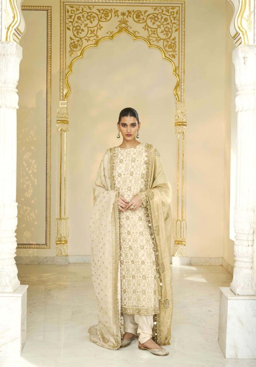 Cream & beige gold bandhani hand embroidered kurta set