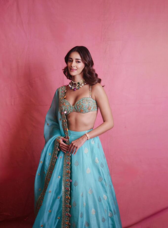 Turquoise & beige gold hand embroidered banarasi lehenga set