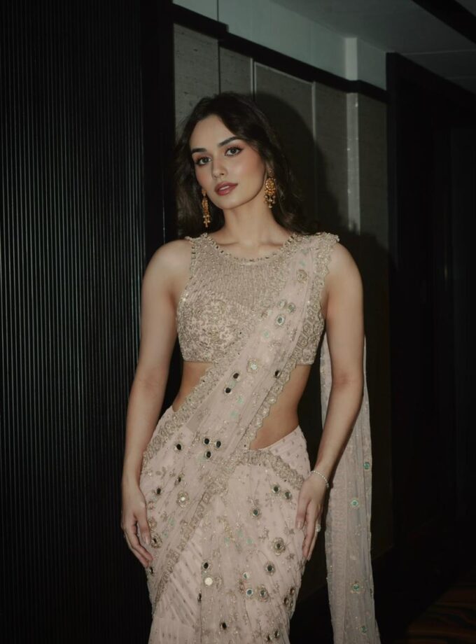 Baby pink hand embroidered sari set