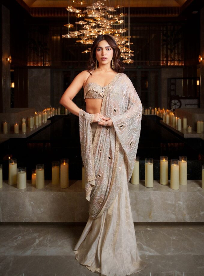 Rose gold tissue godet hand embroidered sari set