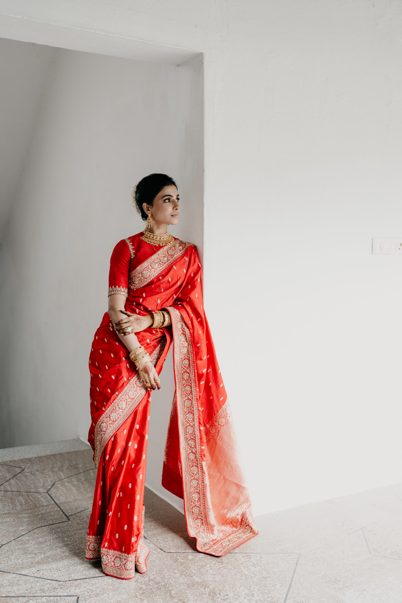 Red & beige gold hand embroidered banarasi sari set