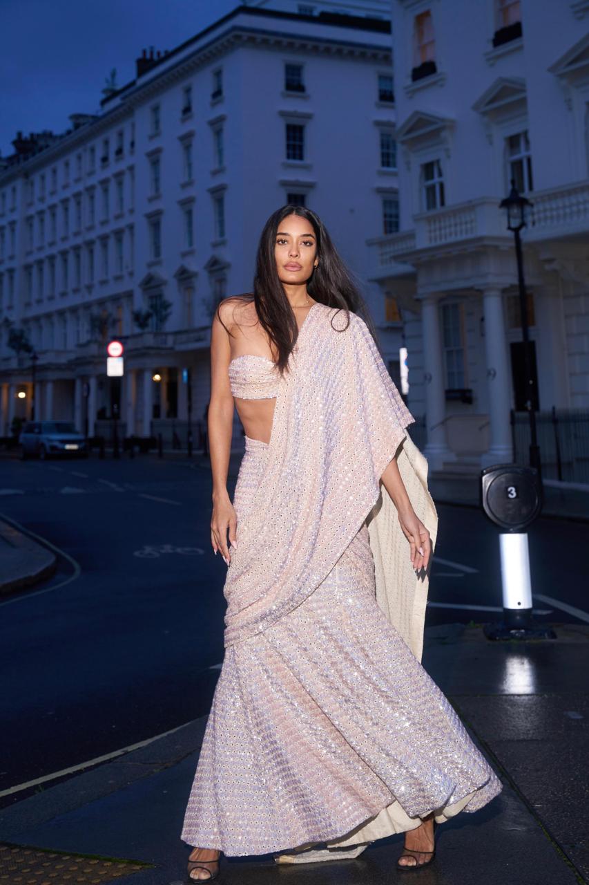 Coconut hand embroidered sequin sari set