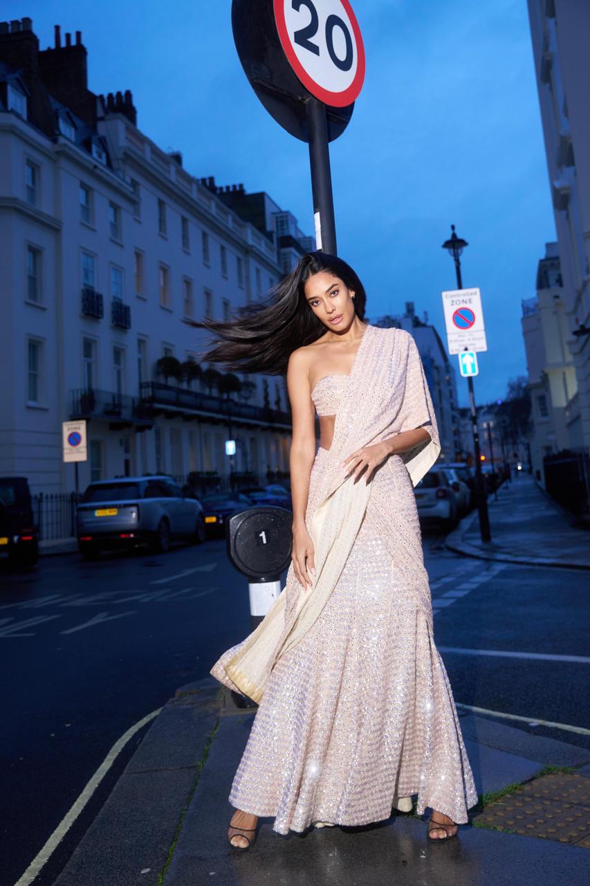 Coconut hand embroidered sequin sari set - Image 4