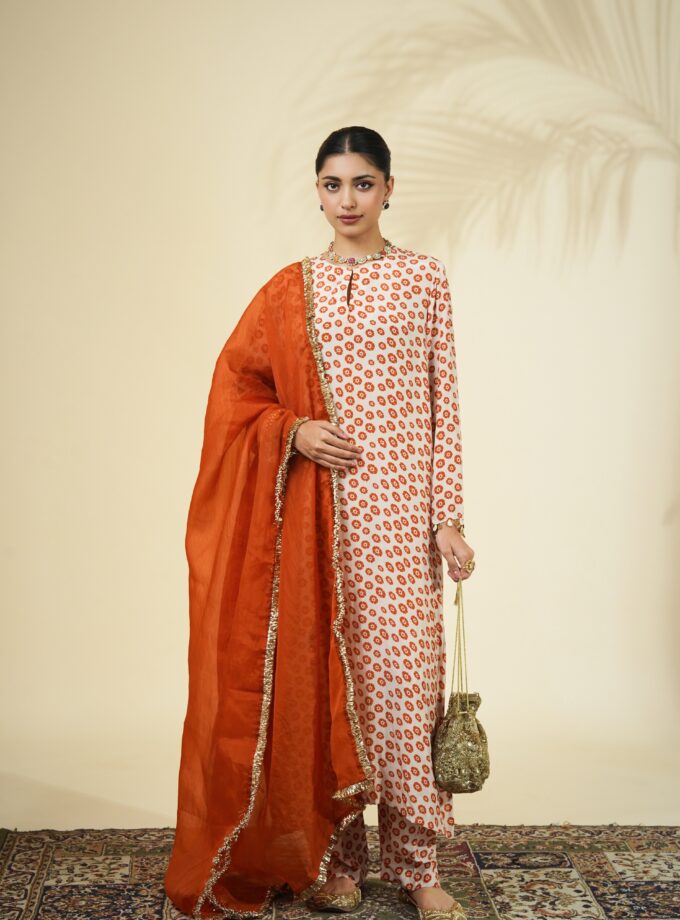 Sand & toasted orange butti print kurta set