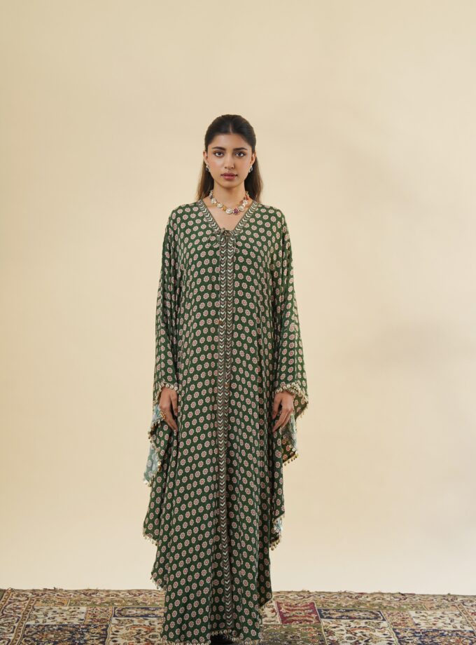 Green flower butti print kaftan