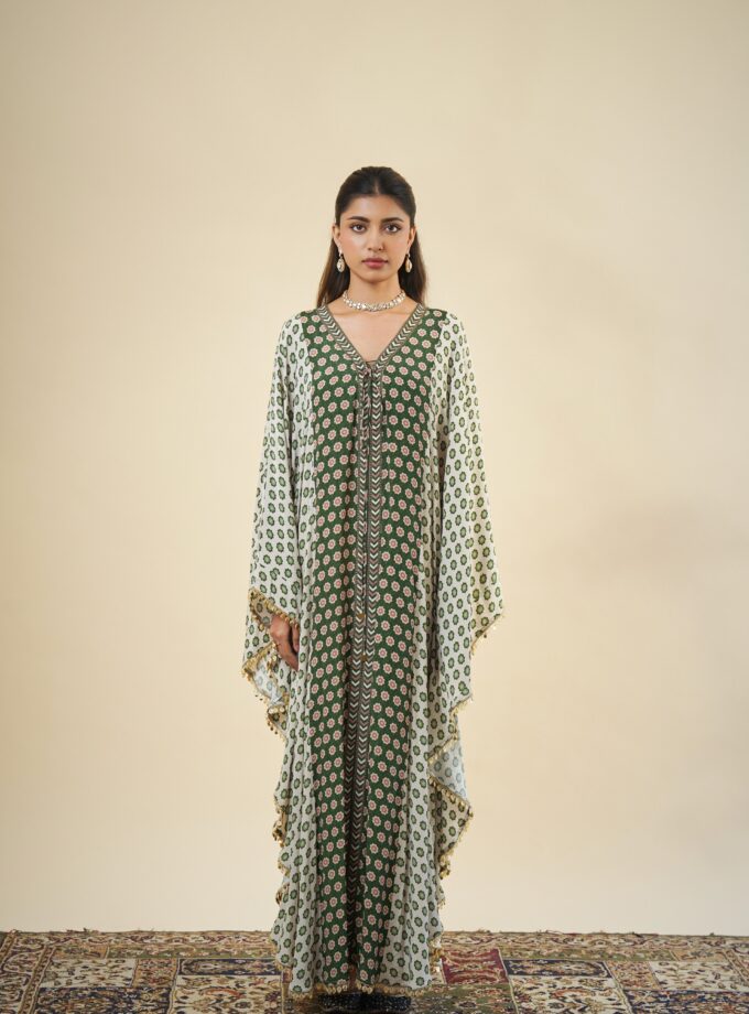Green & sand butti print kaftan