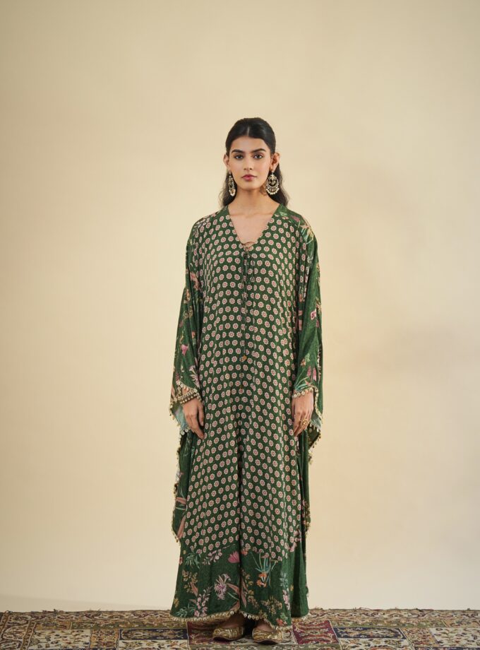Green floral & green butti print kaftan