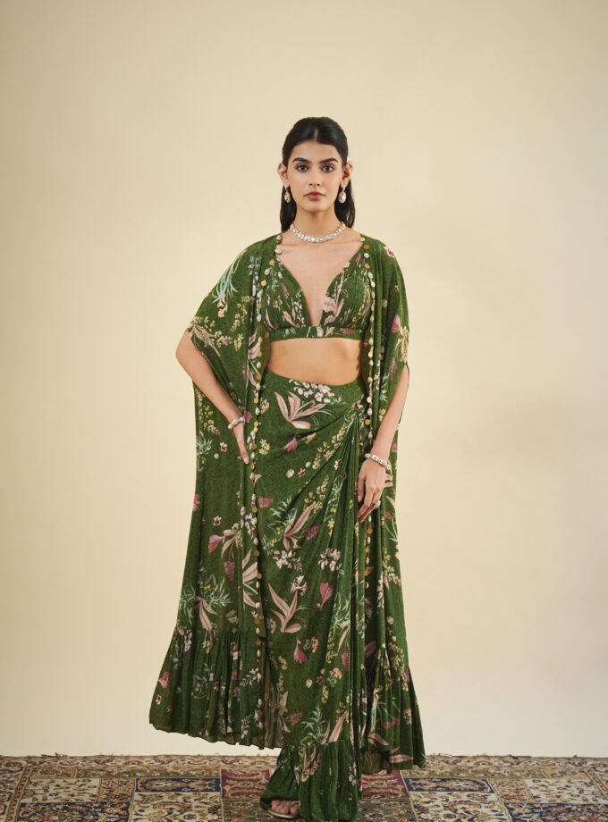 Green floral print tulip skirt set