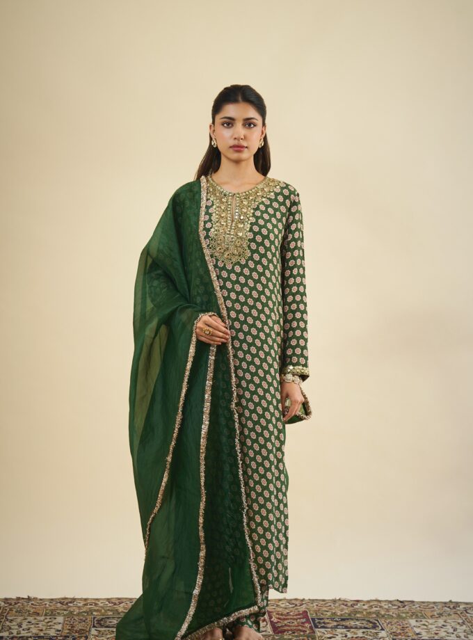 Green flower butti long kurta set