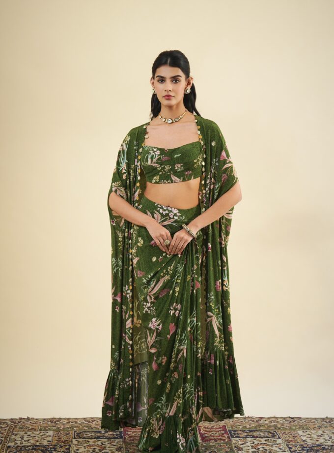 Green floral print tulip skirt set