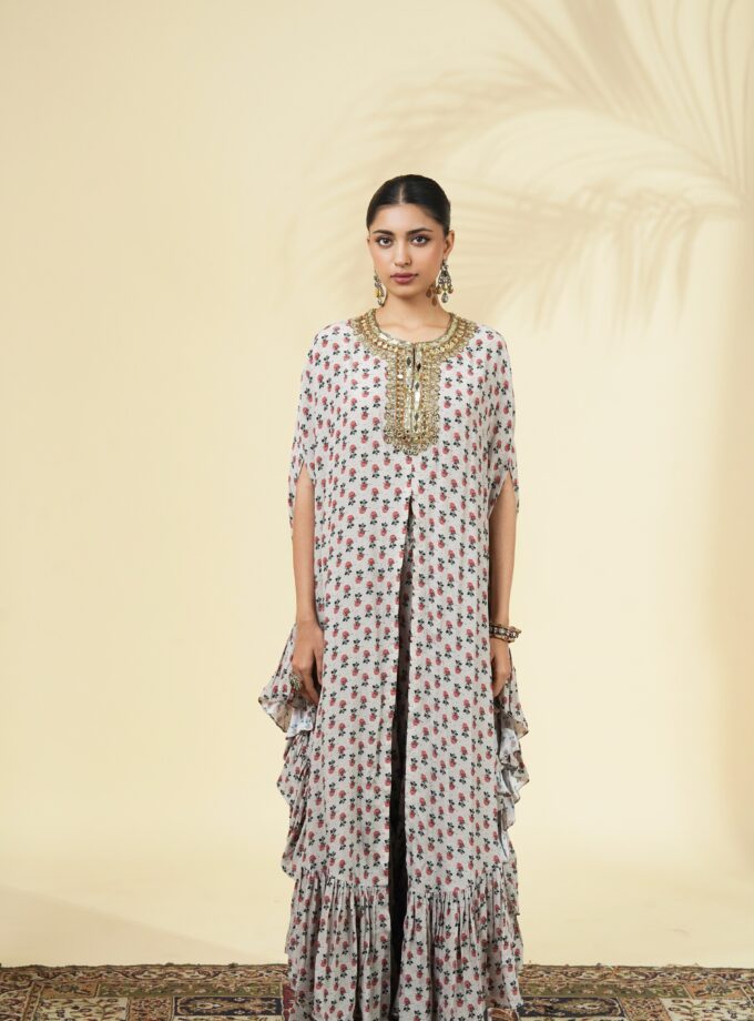 Rose butti print hand embroidered cape set