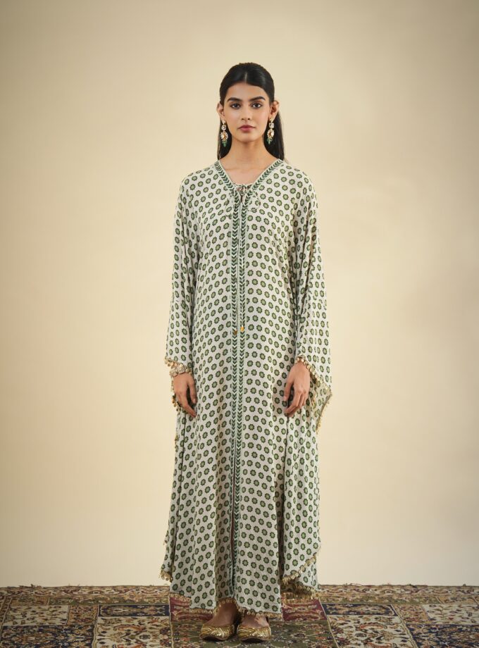 Green & sand flower butti print kaftan