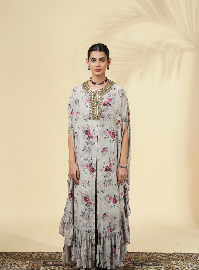 Rose print hand embroidered cape set