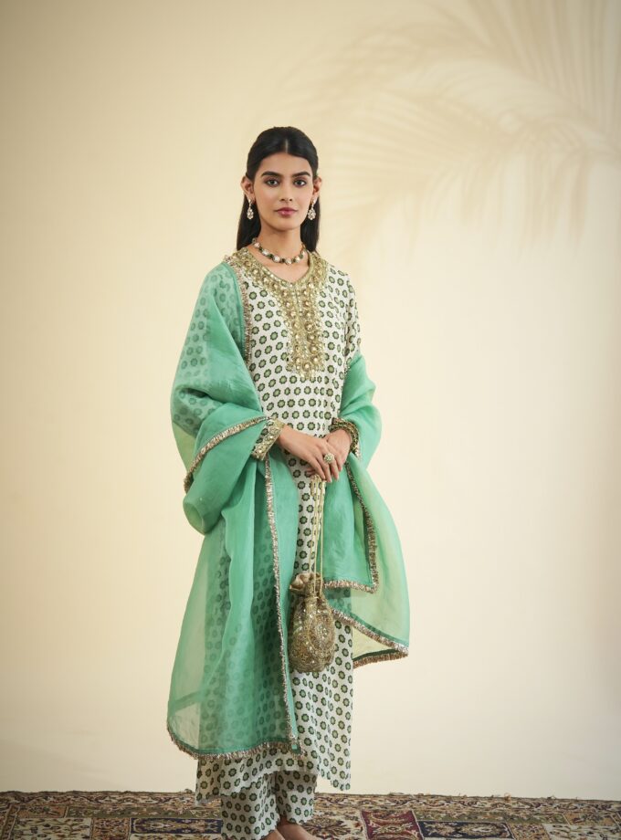 Green & sand flower butti long kurta set