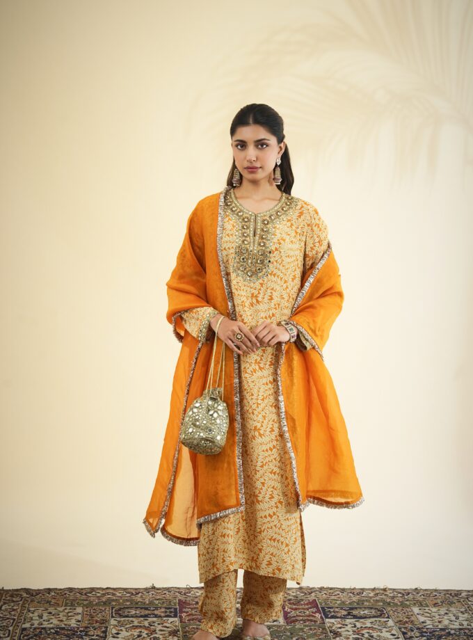 Yellow fire print long kurta set