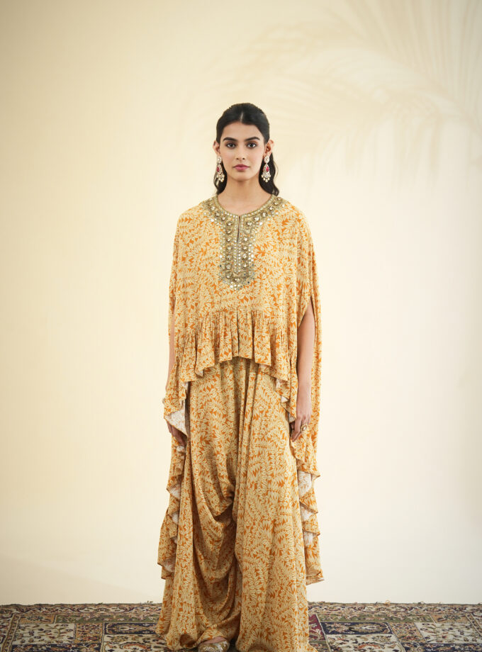 Yellow fire print hi low cape set